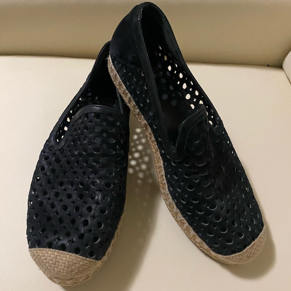 Stuart Weitzman Black Perforated Espadrille Loafers